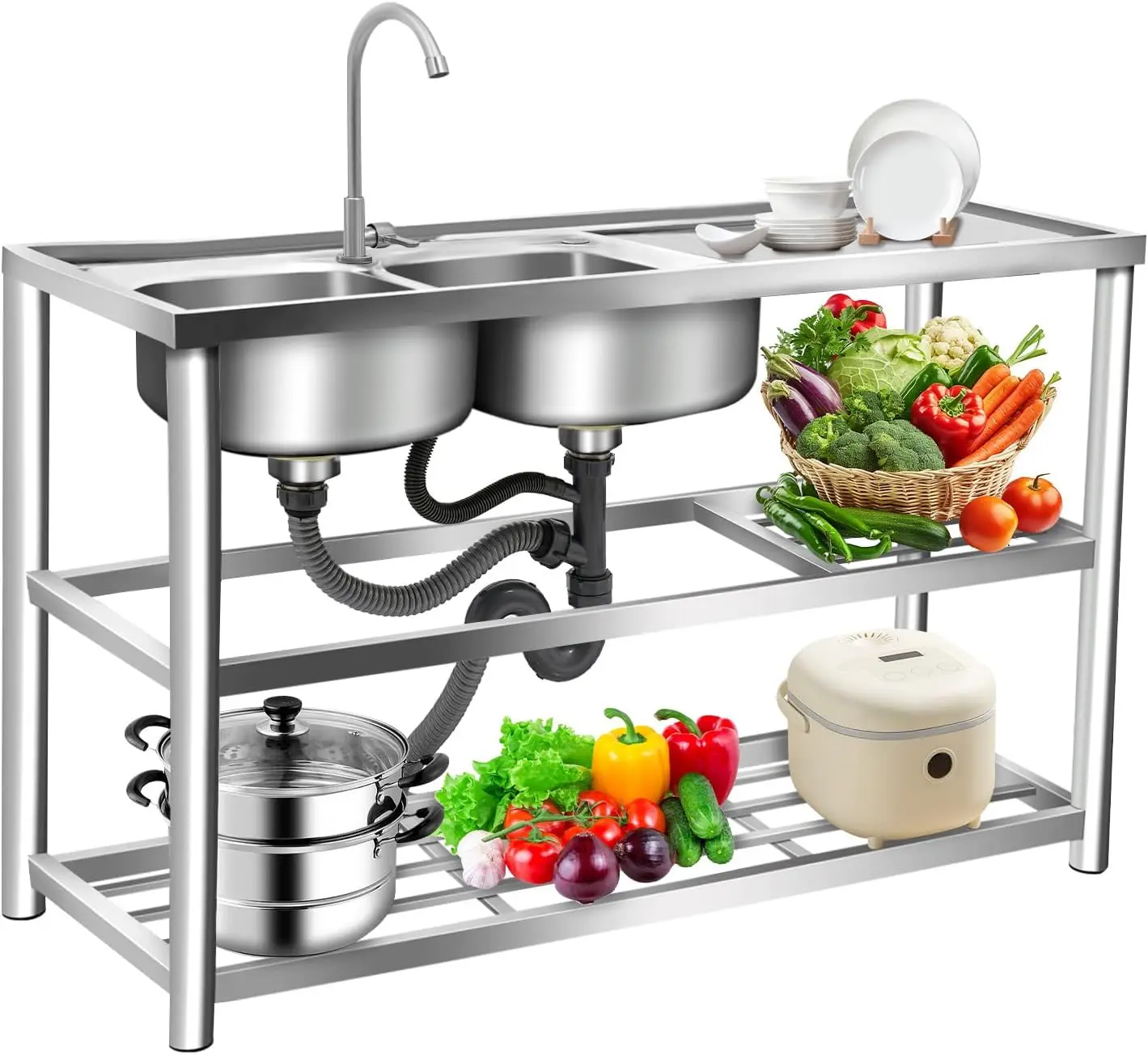 Commercial Kitchen Sink - 3 Katmanlı Ayaklı Paslanmaz Çelik Lavabo,