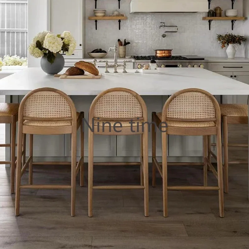Commercial Kitchen Design - Masif Ahşap Rattan Mutfak Bar Sandalyesi